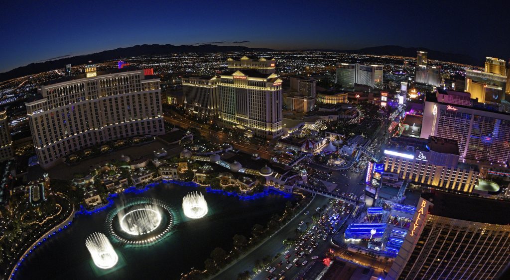 This is a view of the Strip as seen from the Eiffel Tower replica at Paris Las Vegas Saturday, August 19, 2017. Visible in the photo are Bellagio, Fountains of Bellagio, Caesars, Mirage, Bally's, Flamingo and Cromwell. CREDIT: Sam Morris/Las Vegas News Bureau