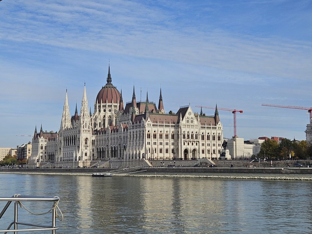 The Parliament Building Budapest view from on the Danube.